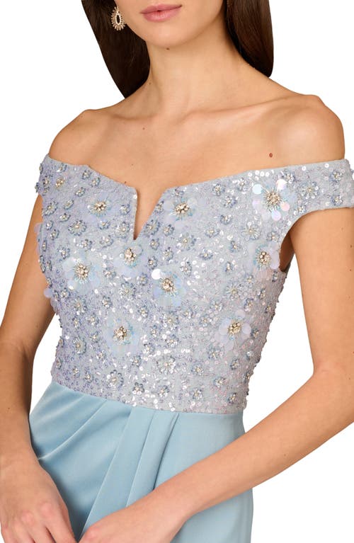 Aidan Mattox By Adrianna Papell Beaded Off The Shoulder Mixed Media Gown In Clear Water