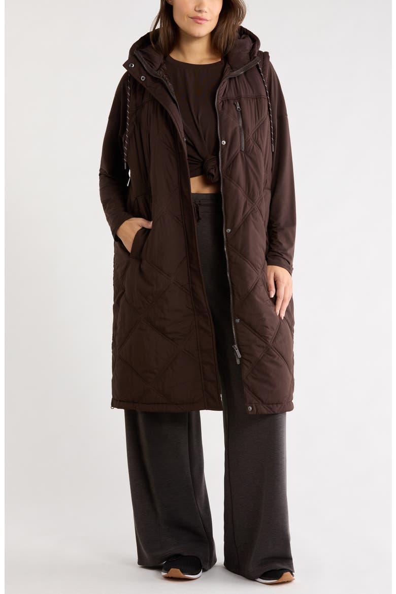 Long Hooded Puffer Vest, Main, color, BROWN MOLE