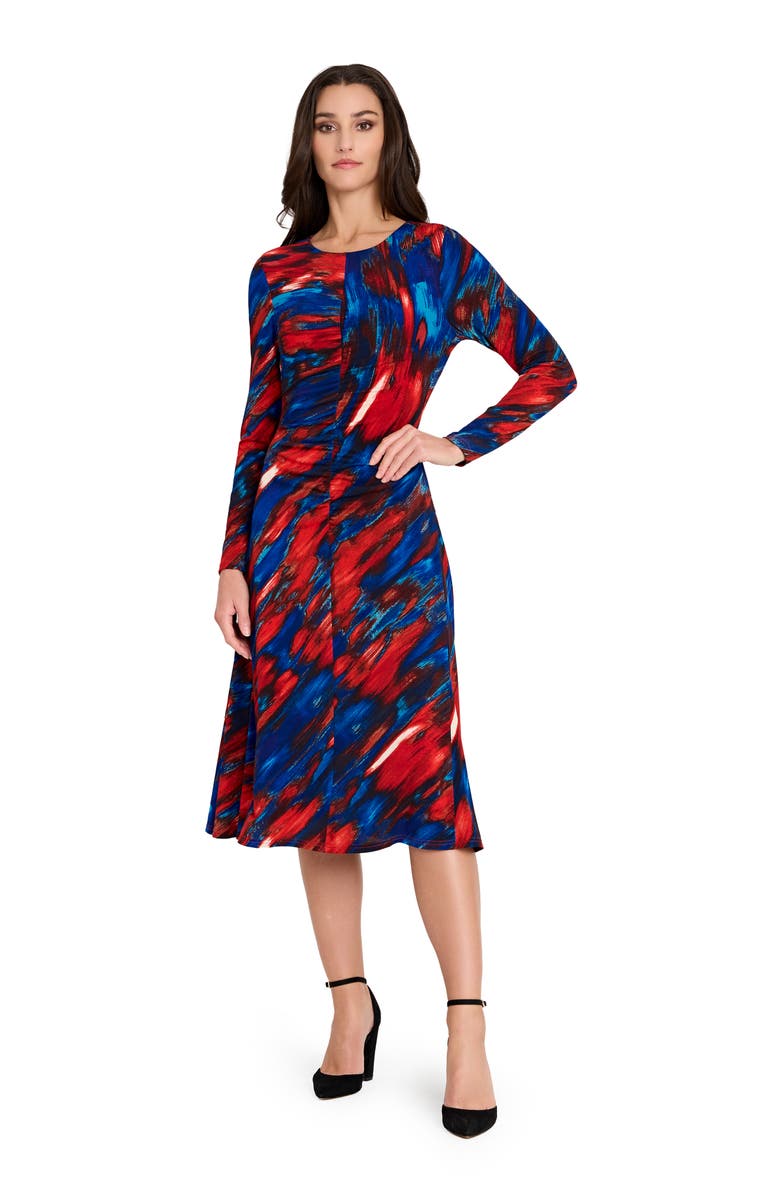 Tahari ASL Ruched Long Sleeve Dress, Alternate, color, Red Blue