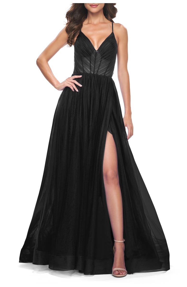 La Femme A-Line Prom Dress with Illusion Ruched Bodice, Alternate, color, Black