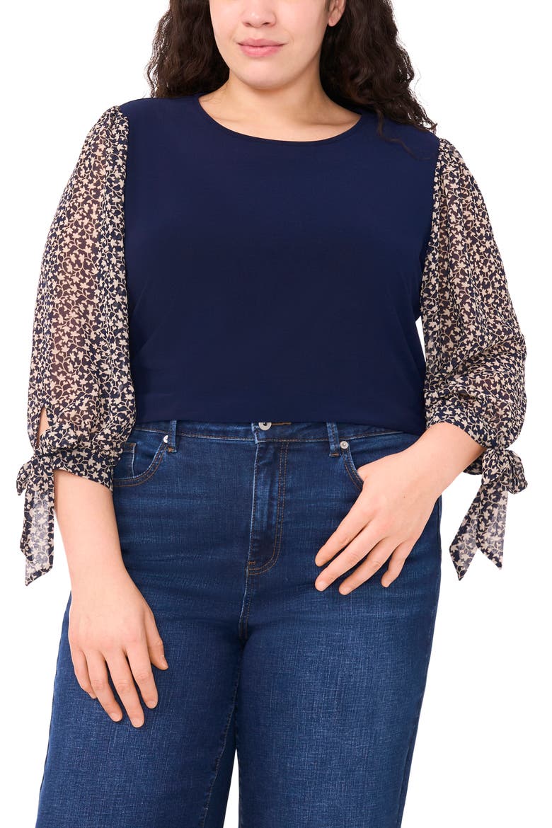 Floral Sleeve Mixed Media Top, Main, color, CLASSIC NAVY