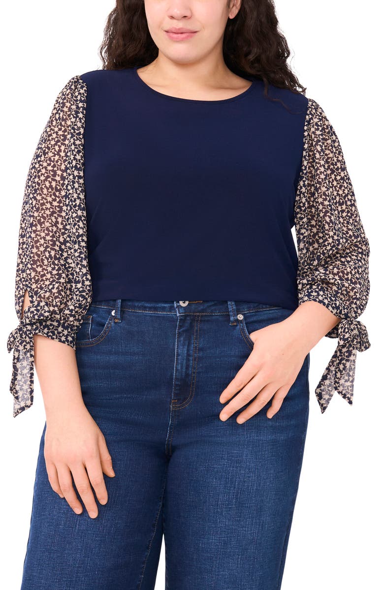 CeCe Floral Sleeve Mixed Media Top, Main, color, Classic Navy