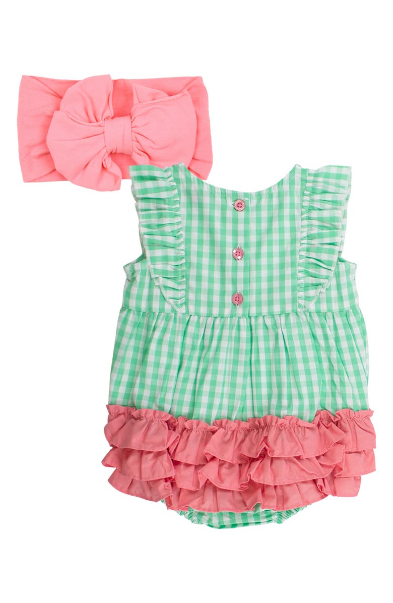 RuffleButts Spring Romper & Bow, Alternate, color, Green