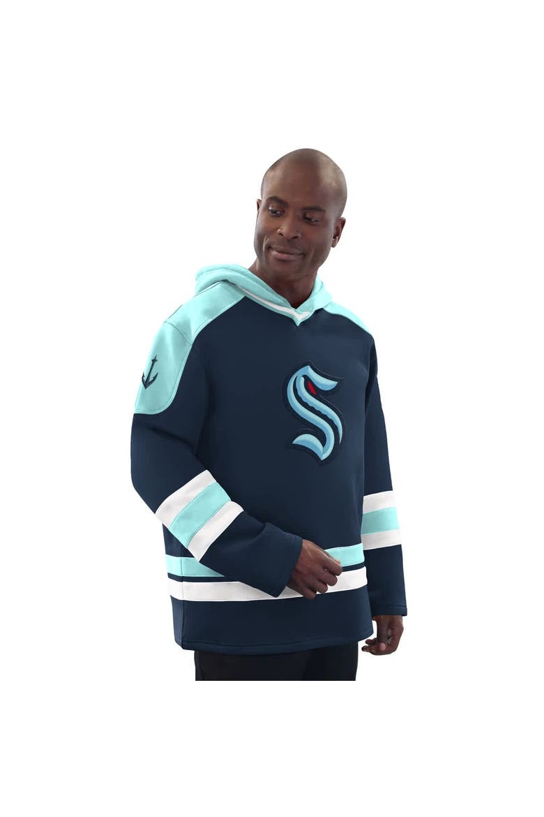 Men's Starter Deep Sea Blue/Light Blue Seattle Kraken Hockey Pullover Hoodie, Main, color, Navy