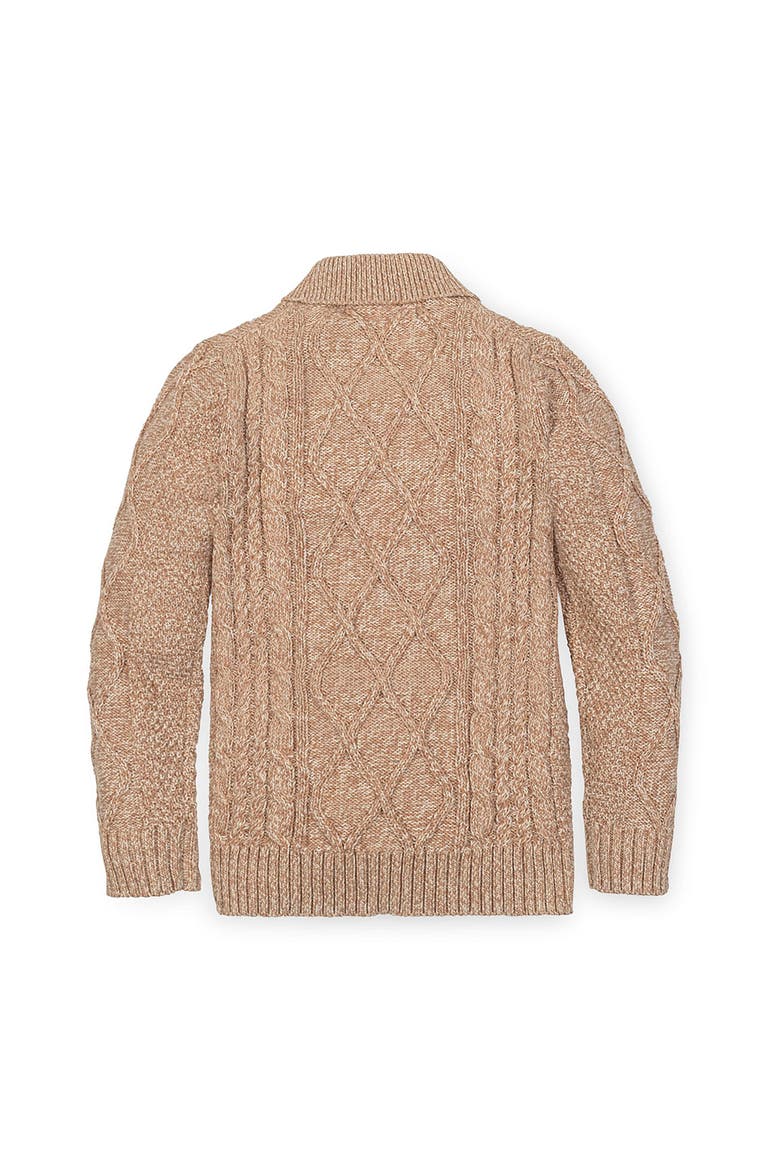 Kids' Organic Long Sleeve Shawl Collar Cable Sweater, Alternate, color, Camel Heather