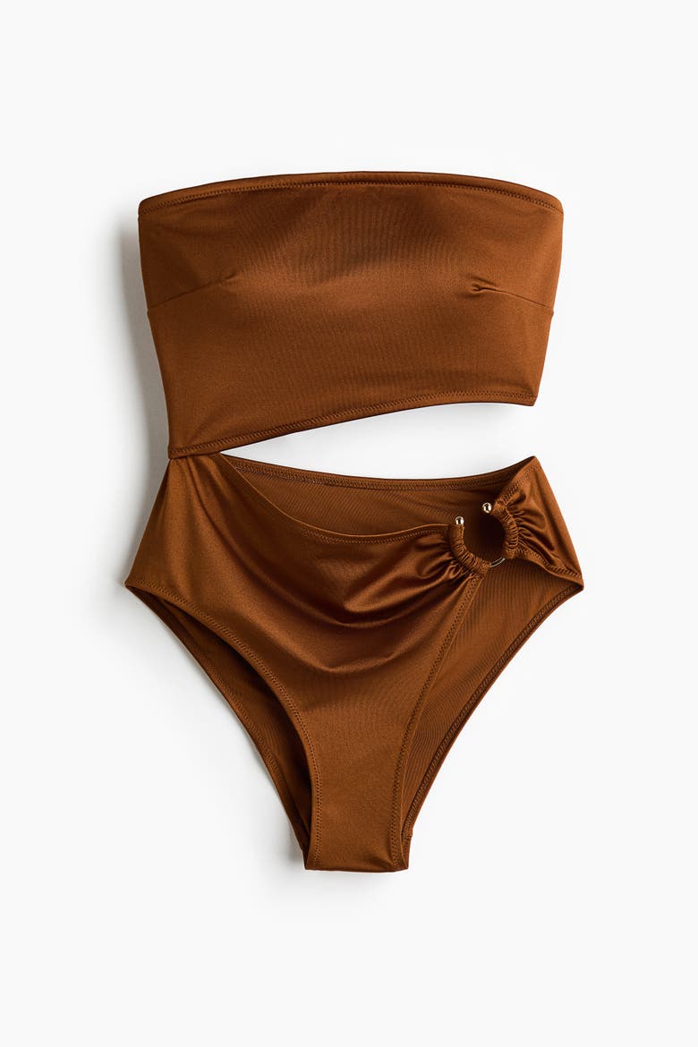 Padded-cup Cut-out Bandeau Swimsuit, Alternate, color, Brown