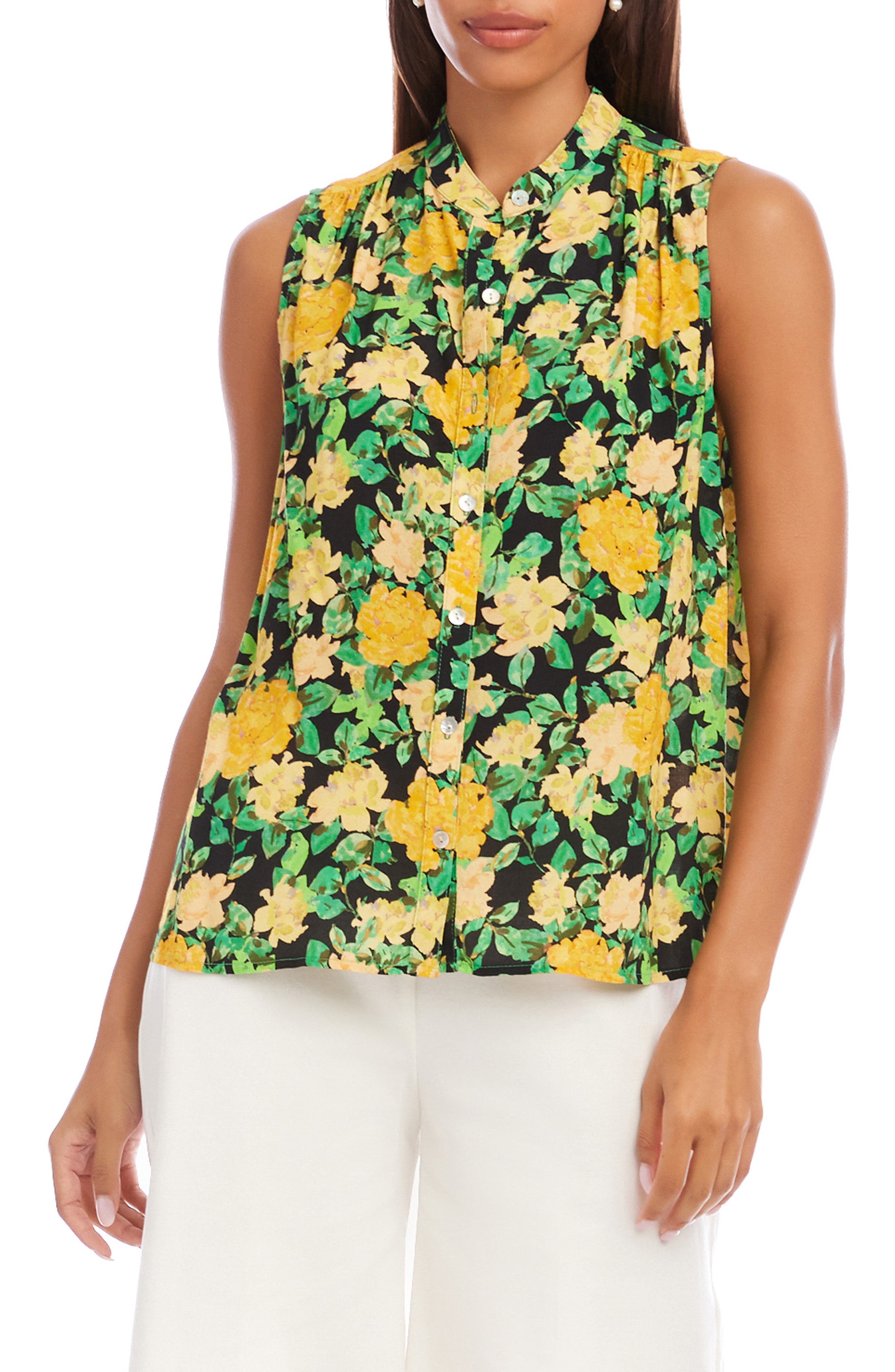 Floral Sleeveless Button-Up Top