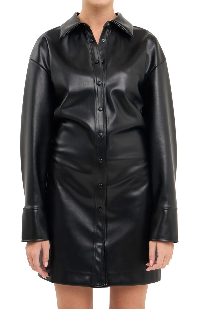 English Factory Cinched Faux Leather Long Sleeve Mini Shirtdress, Alternate, color,