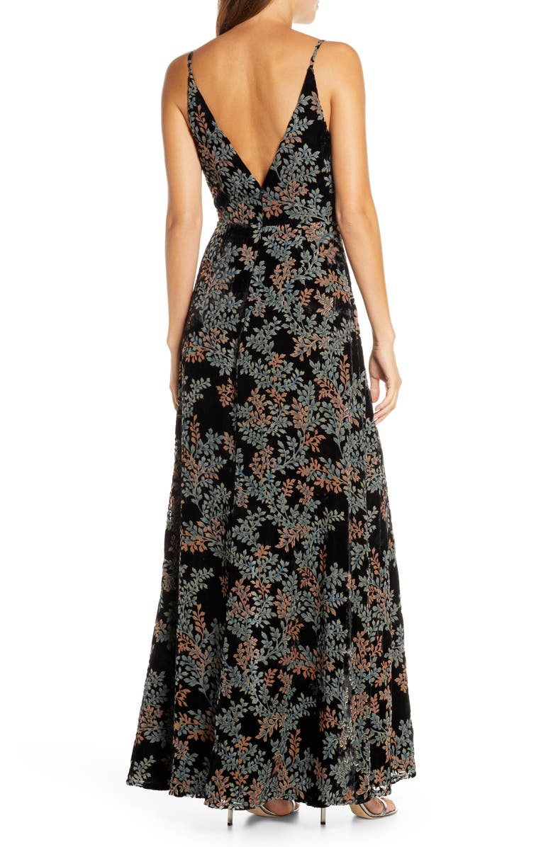 Jenny Yoo Selma Velvet Burnout Faux Wrap Evening Gown, Alternate, color,