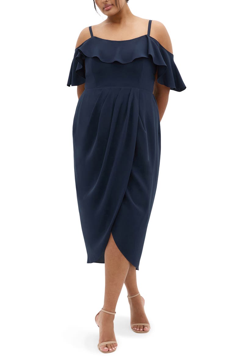 Flirtation Ruffle Off the Shoulder Cocktail Dress, Main, color, NAVY