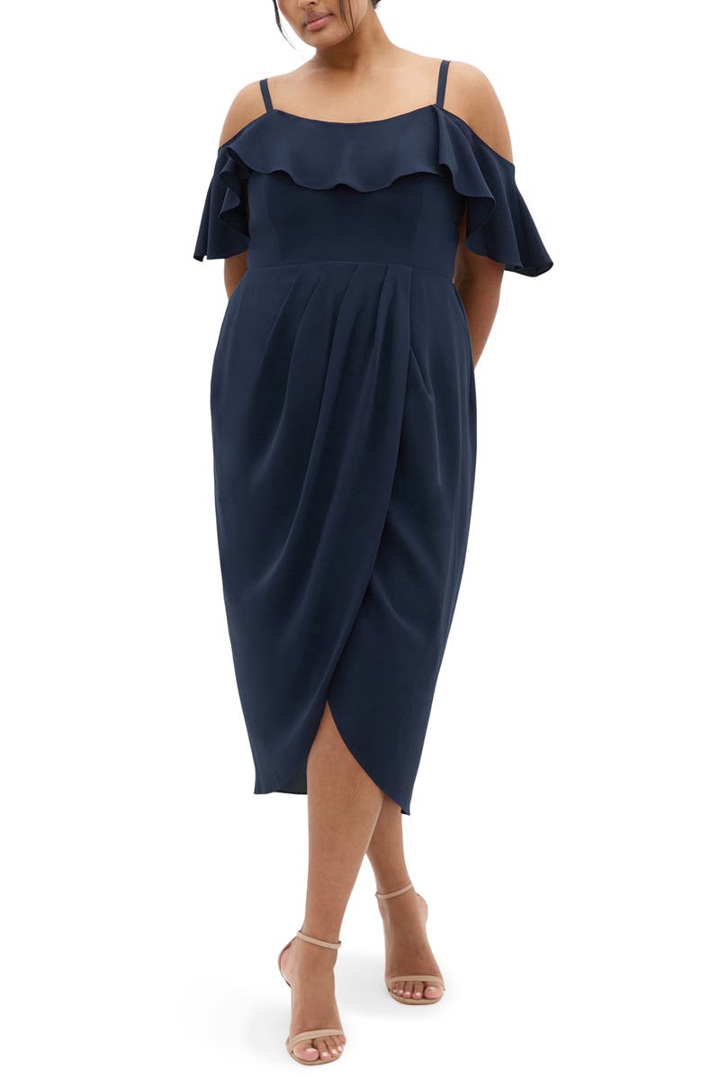 City Chic Flirtation Ruffle Off the Shoulder Cocktail Dress, Main, color, Navy