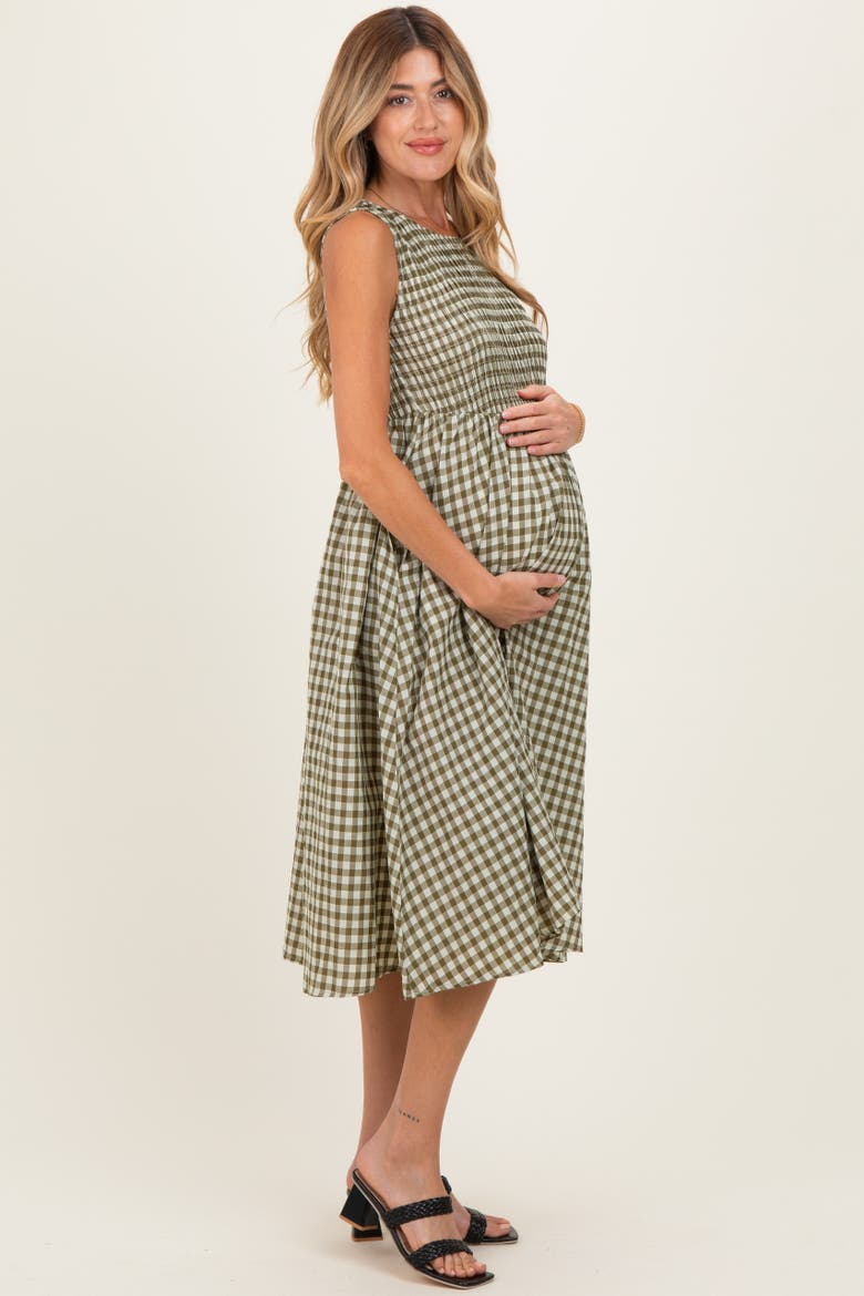 Gingham Smocked Sleeveless Midi Dress, Alternate, color, Olive Green