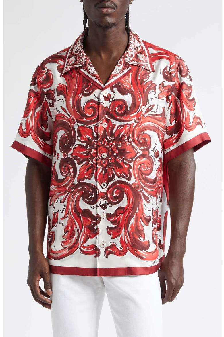Majolica Print Short Sleeve Silk Button-Up Shirt, Main, color, ID5DQ MAIOLICA 1L RUBINO