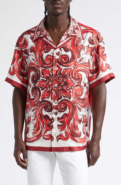 Majolica Print Short Sleeve Silk Button-Up Shirt
