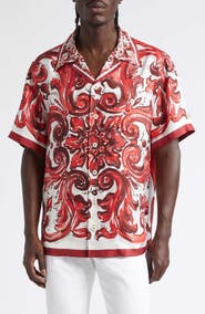 Dolce&Gabbana Majolica Print Short Sleeve Silk Button-Up Shirt