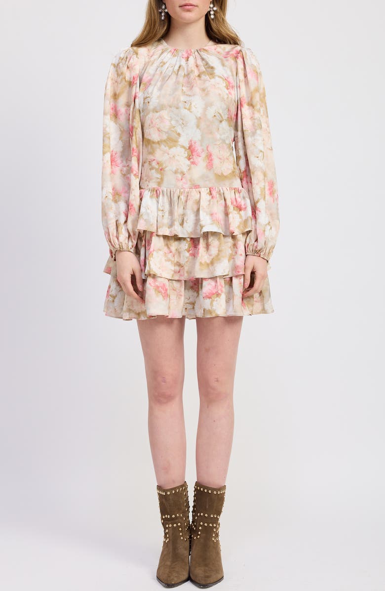 JACQUIE THE LABEL Mackenzie Long Sleeve Tiered Minidress, Main, color, Chartreuse Pink