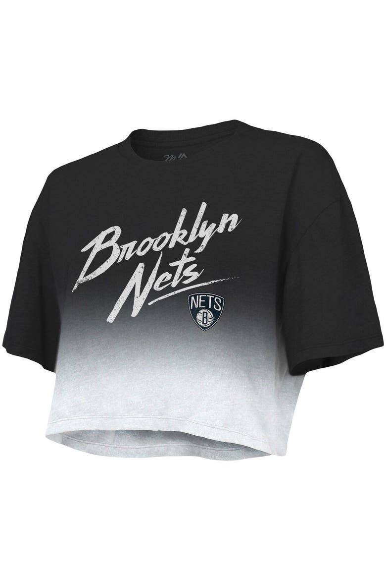 Women's Majestic Threads Black/White Brooklyn Nets Dirty Dribble Tri-Blend Cropped T-Shirt, Alternate, color, Black