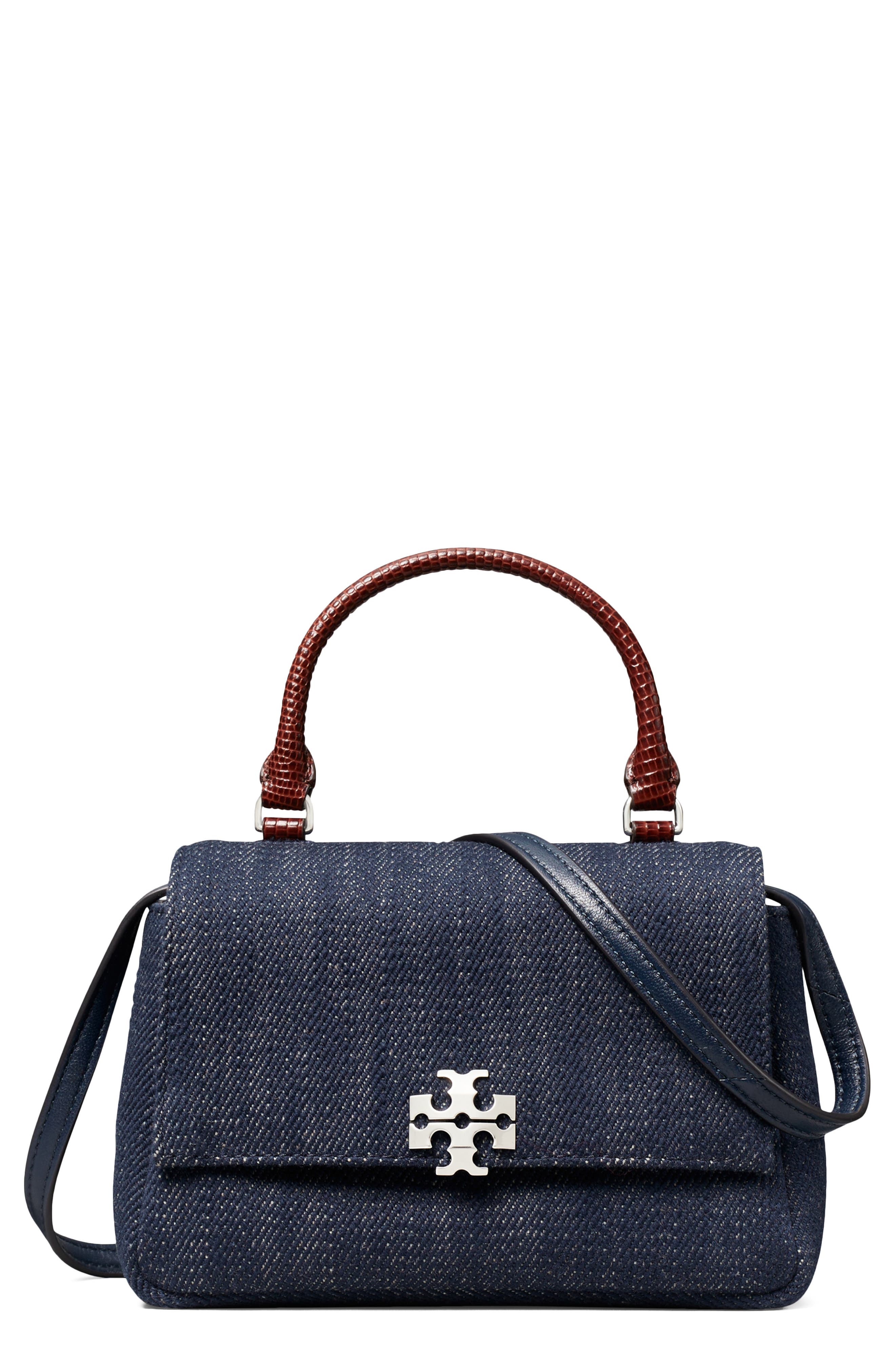 Tory Burch Charlie Denim Top Handle Bag, Main, color, Midnight
