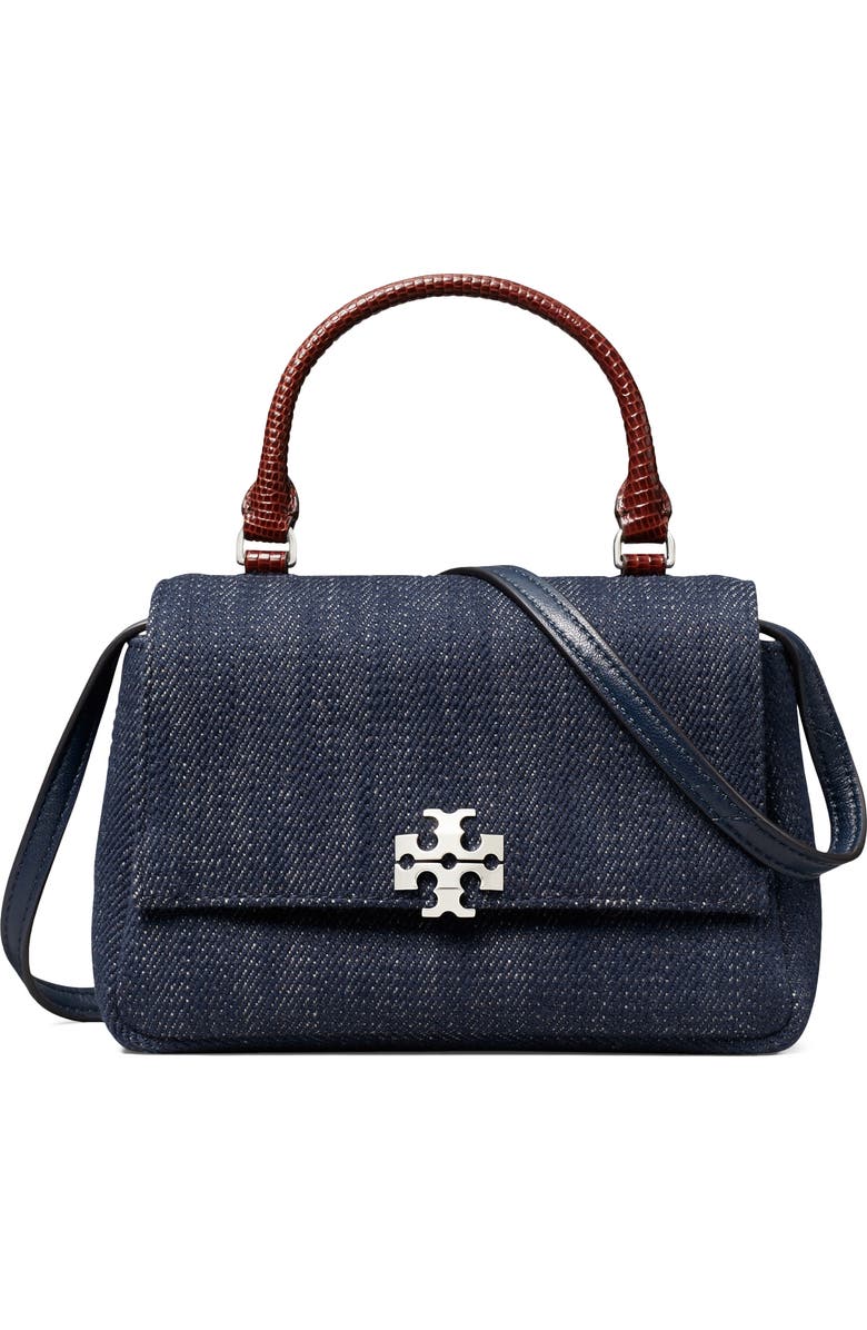 Tory Burch Charlie Denim Top Handle Bag, Main, color, Midnight
