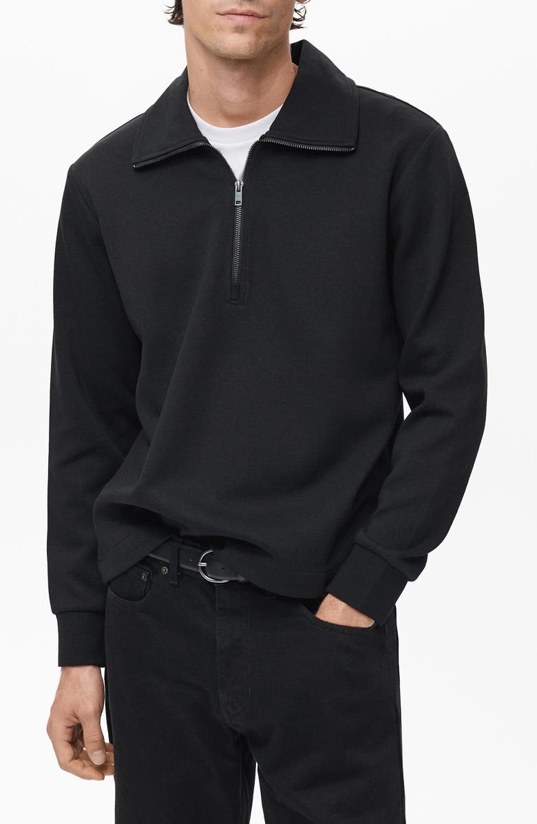 MANGO Quarter Zip Cotton Sweatshirt, Main, color, Black