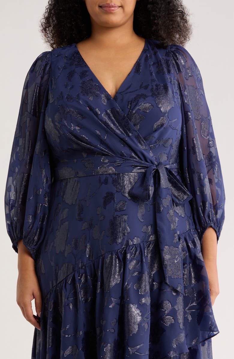 Anne Klein Metallic Long Sleeve High-Low Wrap Dress, Alternate, color, Distant Mountain