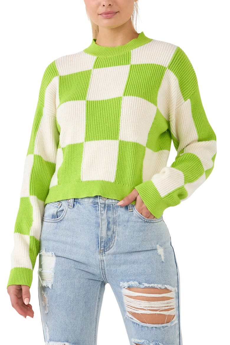 Checkerboard Cotton Blend Crewneck Sweater, Alternate, color, GREEN/ WHITE