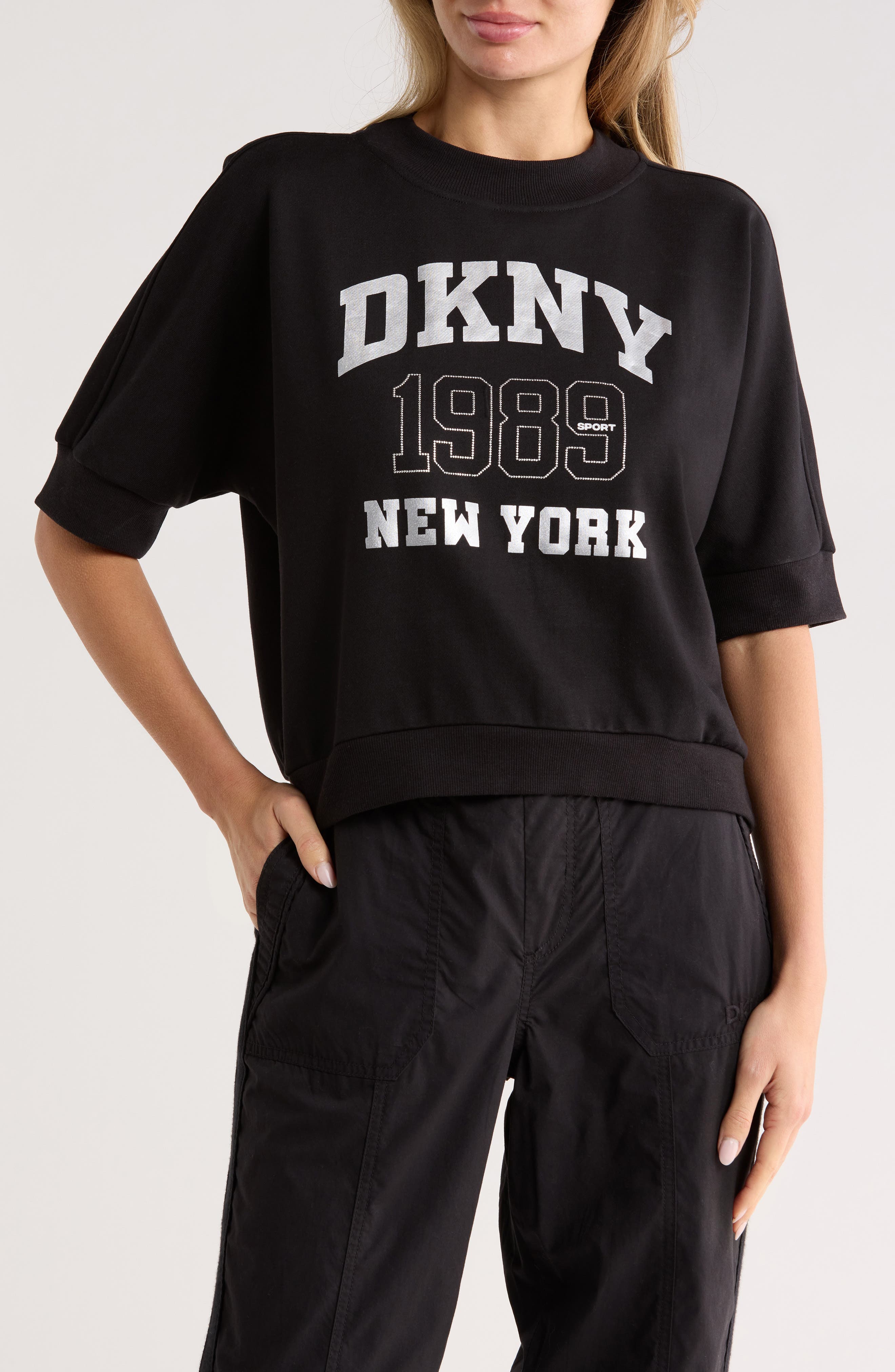 DKNY Rhinestone 1989 Logo Short Sleeve Crop Sweatshirt