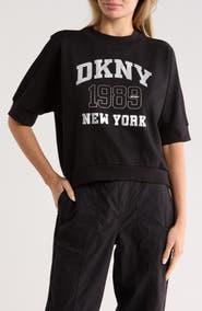 DKNY Rhinestone 1989 Logo Short Sleeve Crop Sweatshirt