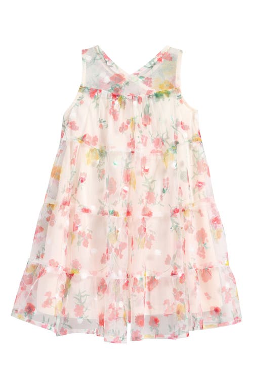 Ava & Yelly Kids' Printed Mesh Trapeze Party Dress In Off White/pink Multi