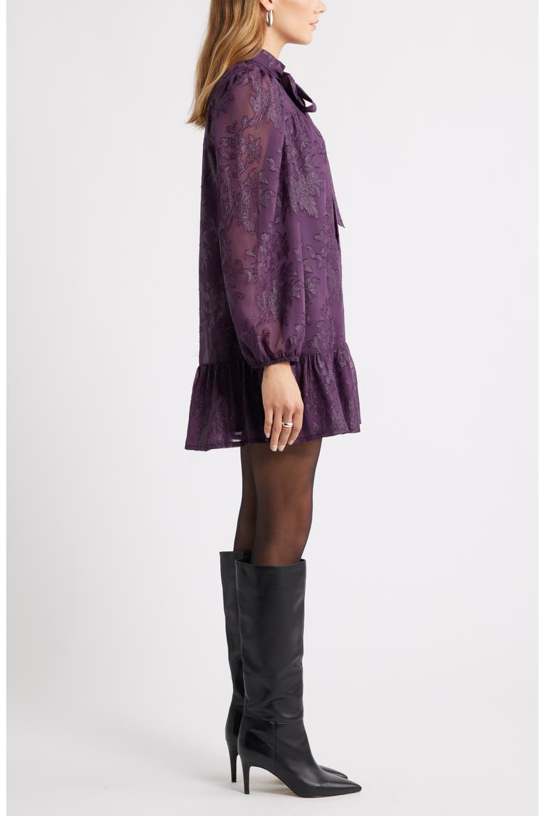 Metallic Floral Jacquard Long Sleeve Shift Minidress, Alternate, color, PURPLE BRAMBLE