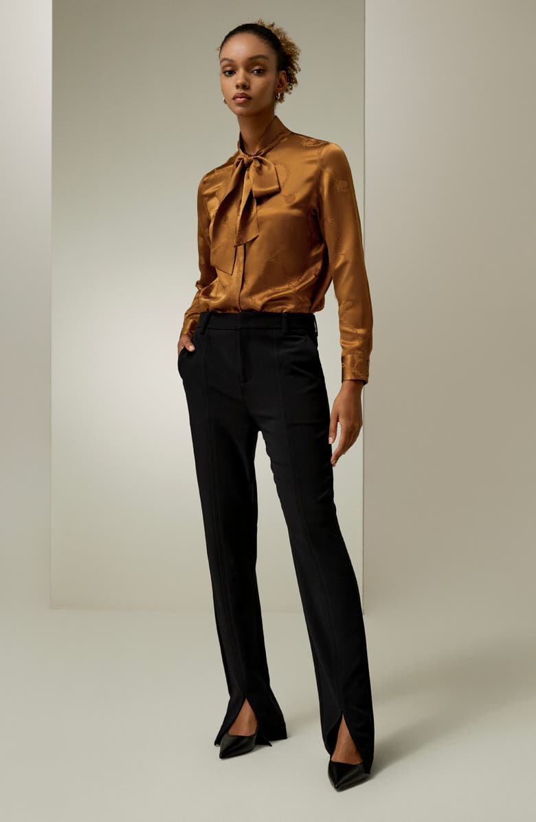 Lilysilk Jacquard-wave Silk Blouse with Bow for Women, Alternate, color, Caramel