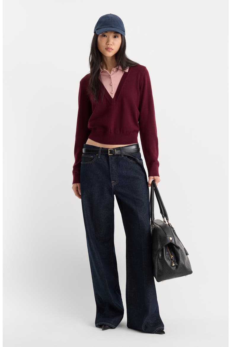 The Two-in-One Merino Wool V-Neck Sweater, Alternate, color, BERRY NOIR WITH BLUSH