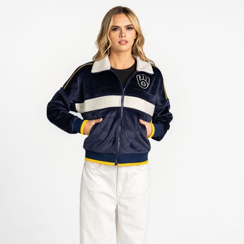 Women's The Wild Collective Navy Milwaukee Brewers Velvet Cord Full-Zip Jacket