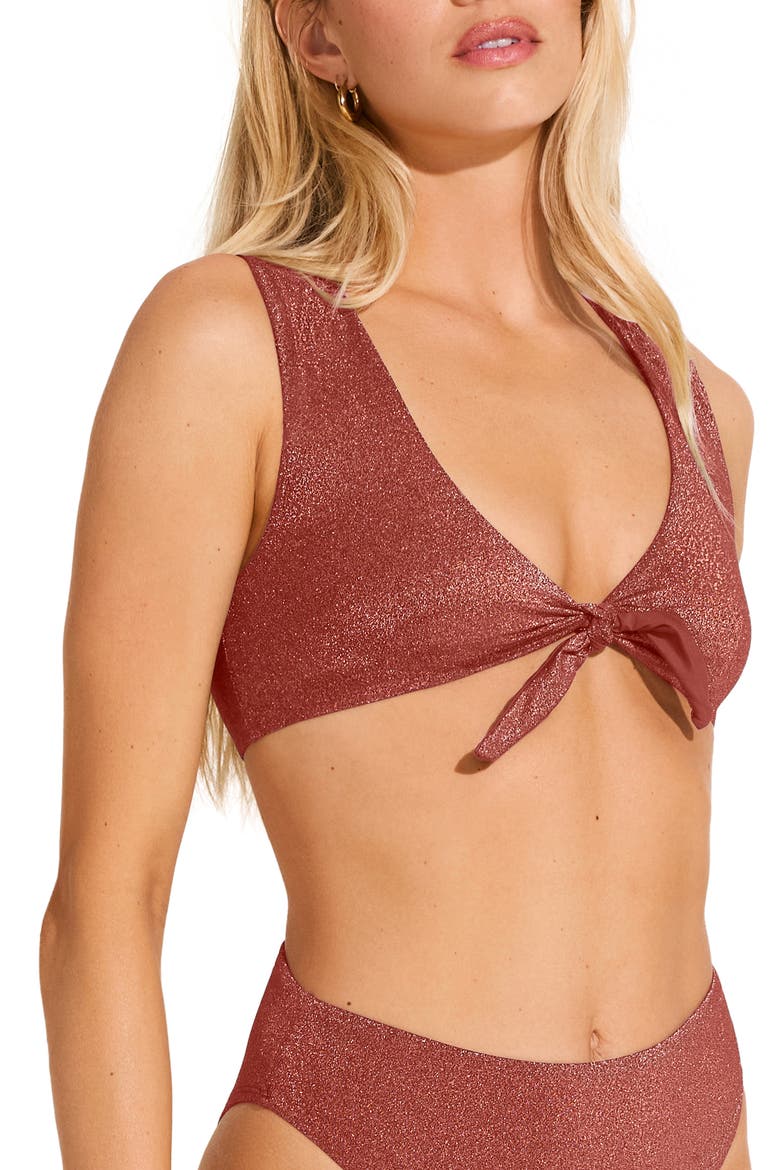Cassia Shimmer Tie Front Bikini Crop Top, Alternate, color, PINK