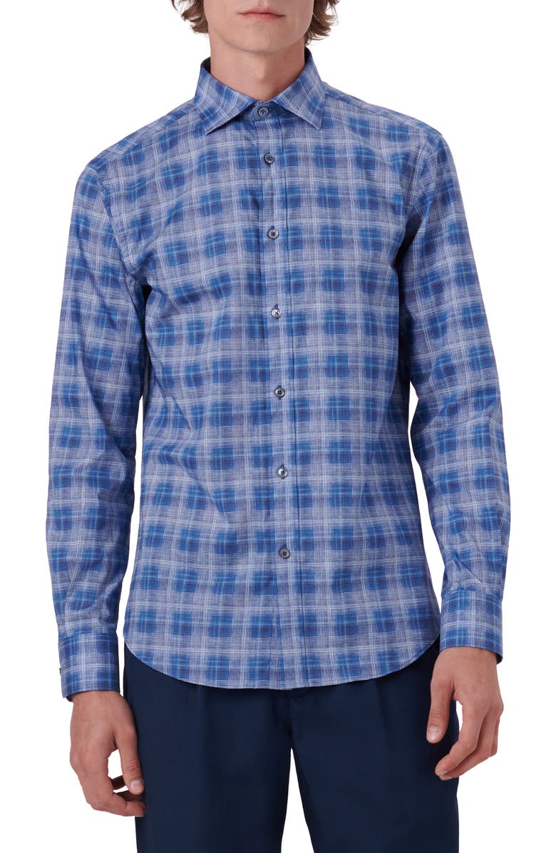 Bugatchi Shaped Fit Plaid Stretch Cotton Button-Up Shirt, Main, color,