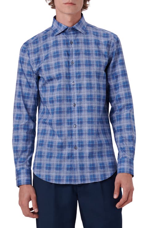 Shaped Fit Plaid Stretch Cotton Button-Up Shirt
