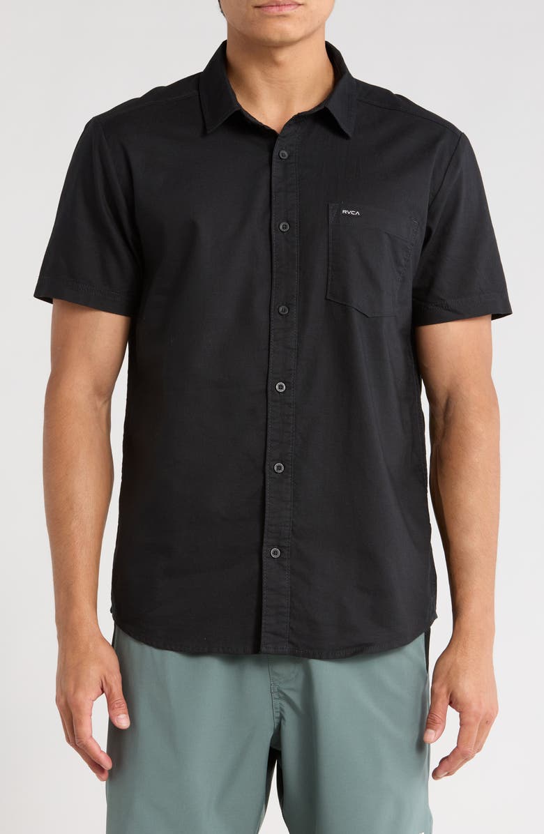 RVCA Douglas Solid Short Sleeve Cotton Button-Up Shirt, Main, color, Black