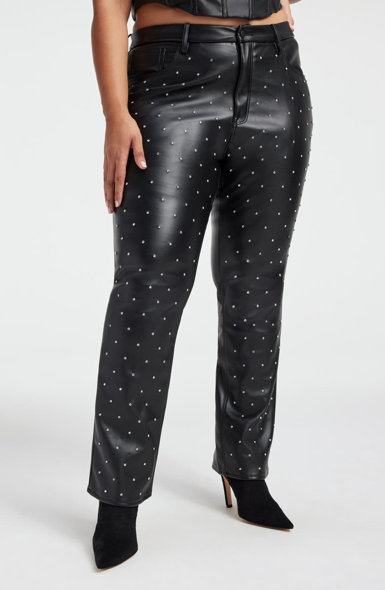 Good American Good Icon Crystal Embellished Faux Leather Straight Leg Pants, Alternate, color, 