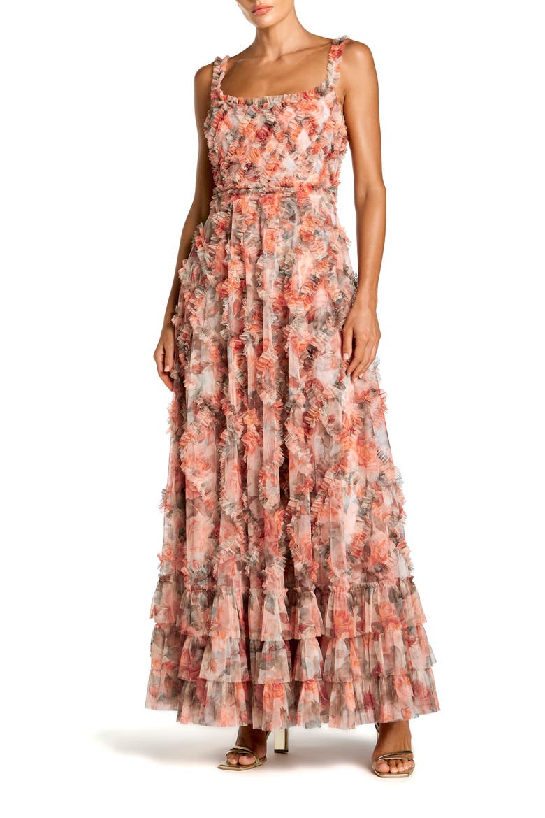 Floral Mesh Sleeveless Micro Ruffle A Line Gown, Main, color, Cream Multi
