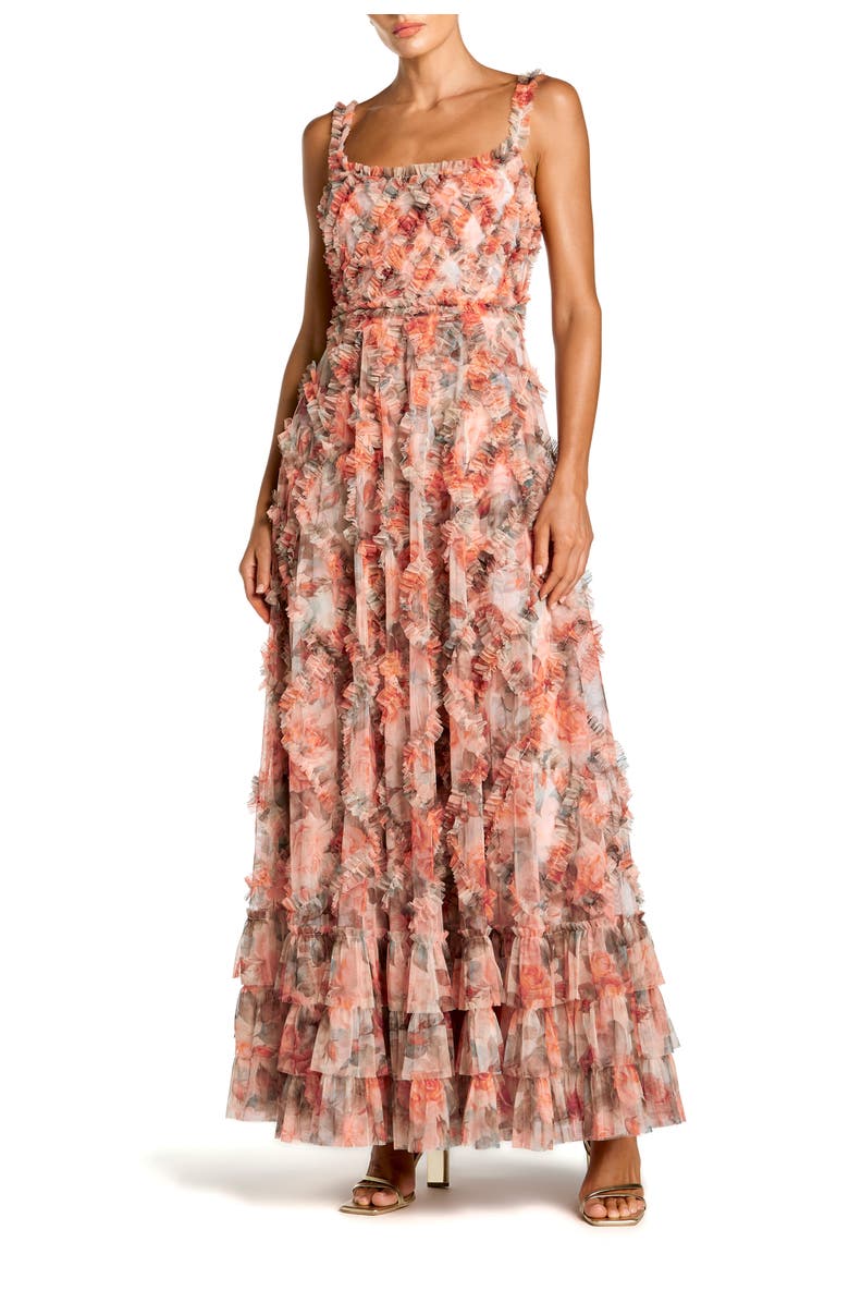 Mac Duggal Floral Mesh Sleeveless Micro Ruffle A Line Gown, Main, color, Cream Multi