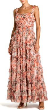 Mac Duggal Floral Mesh Sleeveless Micro Ruffle A Line Gown