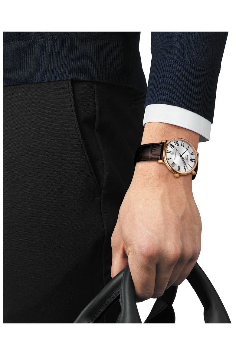 T-Classic Carson Powermatic 80 Leather Strap Watch, 40mm, Alternate, color, SS ROSE GOLD PVD