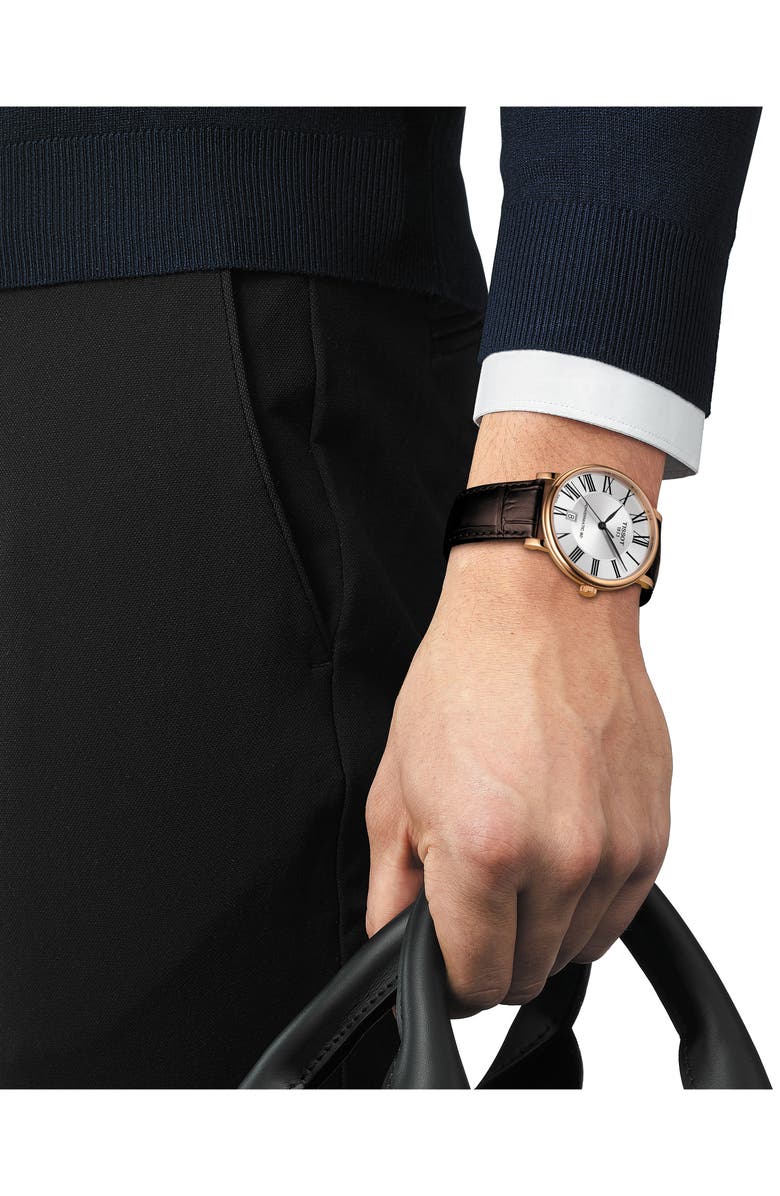 Tissot T-Classic Carson Powermatic 80 Leather Strap Watch, 40mm, Alternate, color, Ss Rose Gold Pvd