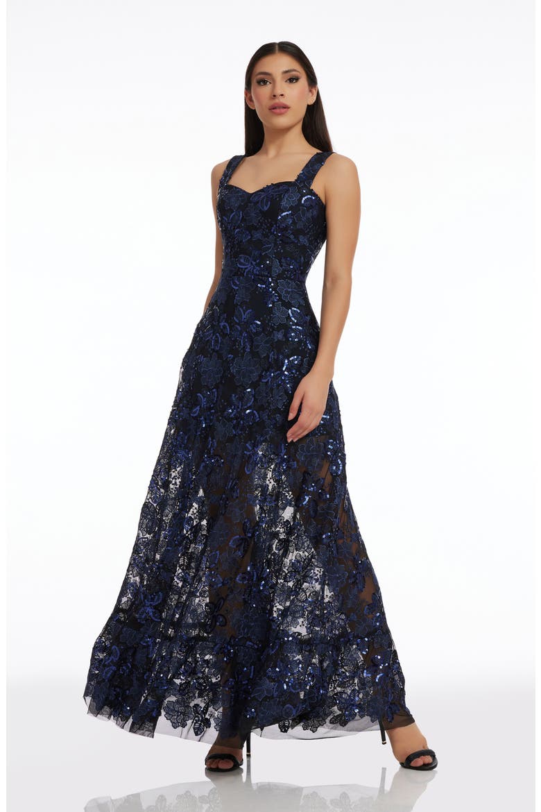 Anabel Floral Sequin Fit & Flare Gown, Alternate, color, NAVY