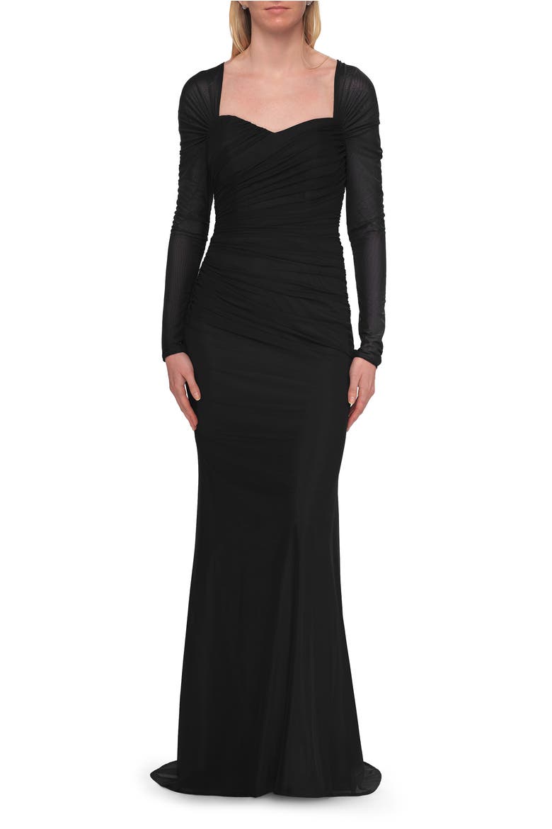 Long Sleeve Net Jersey Gown with Sweetheart Neckline, Main, color, Black