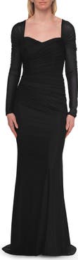 La Femme Long Sleeve Net Jersey Gown with Sweetheart Neckline