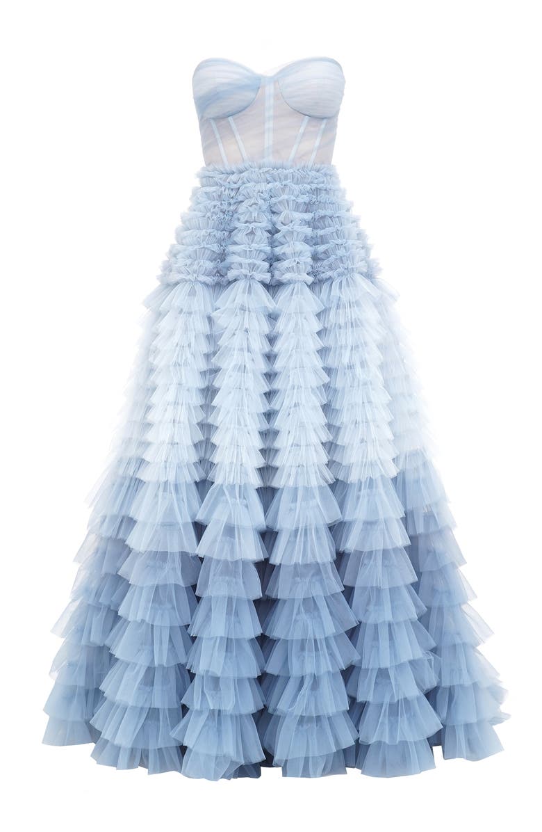Milla Light Blue Strapless Frill-Layered Fluffy Dress, Main, color,