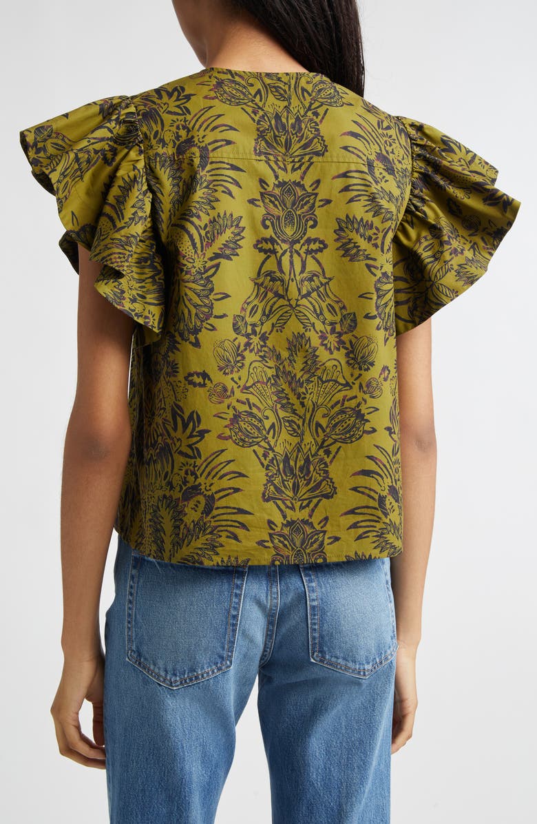 Ulla Johnson Severine Floral Cotton Flutter Sleeve Top, Alternate, color, Olive Flora