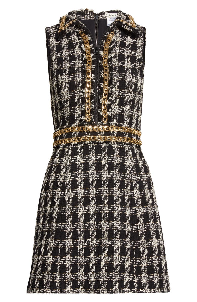 Alice + Olivia Ellis Chain Detail Cotton Blend Tweed Dress, Alternate, color,