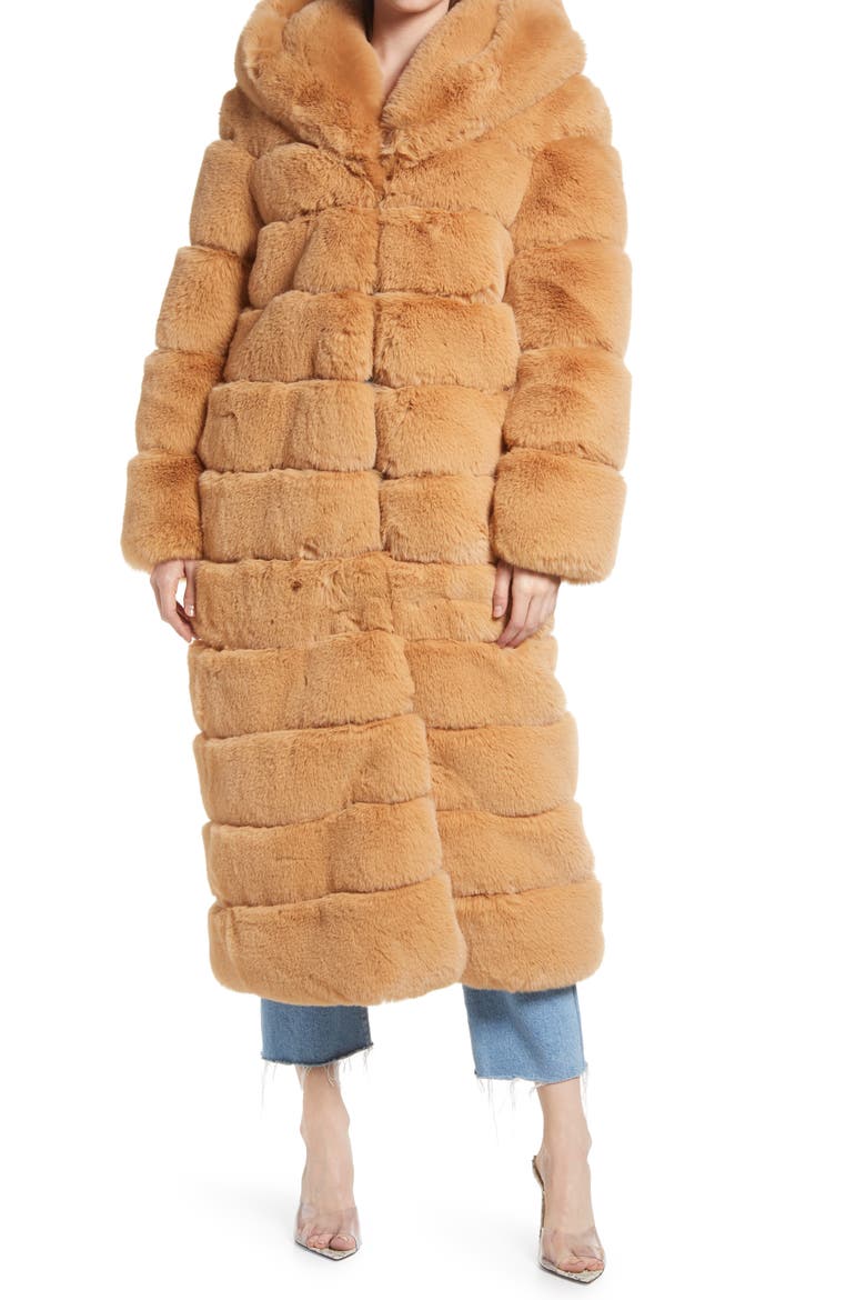 Hooded Faux Fur Coat, Alternate, color, CAMEL